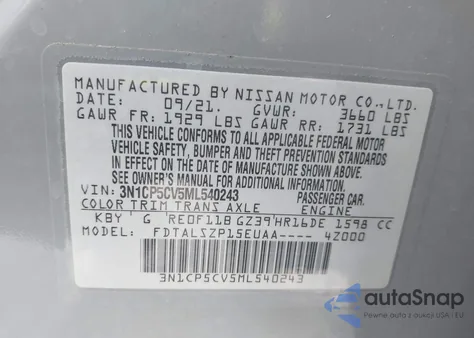 2021 Nissan Kicks Sv Xtronic Cvt z USA, uszkodzony, nr VIN 3N1CP5CV5ML540243